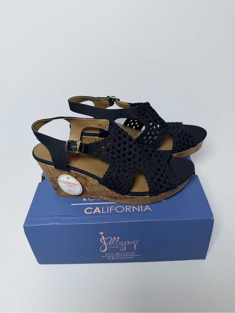 Jellypop Navy Blue Woven Cork Heel Sandals Comfort 11